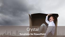  Presentation with box carton - Slides enhanced with young frustrated businessman trapped in small carton box background and a tawny brown colored foreground