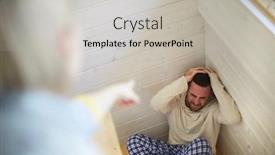  Presentation with divorce - Theme consisting of young frustrated caucasian man sitting on the floor and suffering from pain while his wife yelling and asking for divorce background and a light gray colored foreground