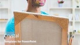  Presentation with artist - Colorful PPT theme enhanced with young funny artist working on new painting in his studio backdrop and a coral colored foreground