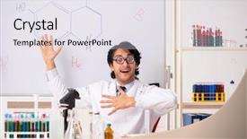 Presentation with chemist - PPT theme featuring young funny chemist in front background and a white colored foreground
