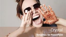  Presentation with funny - Slides having young funny hipster woman showing tongue shouting and surprise with funny emotion face background and a coral colored foreground