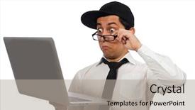  Presentation with funny - Beautiful theme featuring young funny male programmer isolated backdrop and a light gray colored foreground