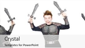  Presentation with music man in suit - Theme featuring young funny man in armour background and a  colored foreground