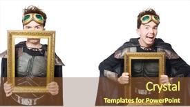  Presentation with man in suit guitar - Slide deck with young funny man in armour background and a tawny brown colored foreground