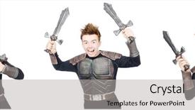  Presentation with man in suit guitar - Cool new slides with young funny man in armour backdrop and a  colored foreground