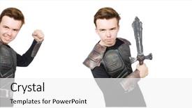  Presentation with funny - Theme enhanced with young funny man in armour background and a  colored foreground