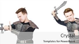  Presentation with music man in suit - PPT layouts with young funny man in armour background and a  colored foreground