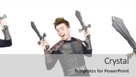  Presentation with man in suit guitar - Beautiful slide deck featuring young funny man in armour backdrop and a  colored foreground