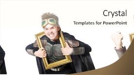  Presentation with music man in suit - Beautiful PPT theme featuring young funny man in armour backdrop and a cream colored foreground