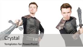  Presentation with funny - Audience pleasing presentation design consisting of young funny man in armour backdrop and a  colored foreground