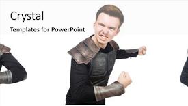  Presentation with funny - Slide deck having young funny man in armour background and a  colored foreground