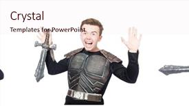  Presentation with funny - Colorful PPT theme enhanced with young funny man in armour backdrop and a  colored foreground