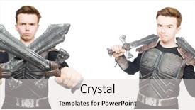  Presentation with funny - Slide deck with young funny man in armour background and a light gray colored foreground