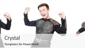  Presentation with funny - PPT theme with young funny man in armour background and a white colored foreground