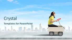  Presentation with box carton - PPT theme with young funny woman riding background and a  colored foreground