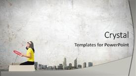  Presentation with box carton - PPT theme featuring young funny woman riding background and a white colored foreground