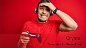  Presentation with blue video - Presentation design with young-gamer-man-with-blue background and a crimson colored foreground