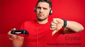  Presentation with blue video - Amazing slide deck having young-gamer-man-with-blue backdrop and a crimson colored foreground