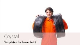  Presentation with tyre - Colorful theme enhanced with young garage worker with tyre isolated on white backdrop and a lemonade colored foreground
