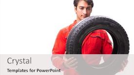  Presentation with tyre - Cool new presentation with young garage worker with tyre isolated on white backdrop and a light gray colored foreground