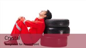  Presentation with tyre - Theme enhanced with young garage worker with tyre background and a red colored foreground