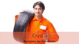 Presentation with tyre - Slide deck consisting of young garage worker with tyre isolated on white background and a red colored foreground