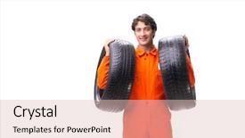  Presentation with tyre - Presentation theme featuring young garage worker with tyre background and a lemonade colored foreground