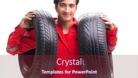  Presentation with tyre - Cool new presentation theme with young-garage-worker-with-tyre backdrop and a violet colored foreground