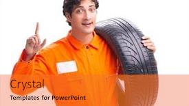  Presentation with tyre - PPT theme having young-garage-worker-with-tyre background and a gold colored foreground