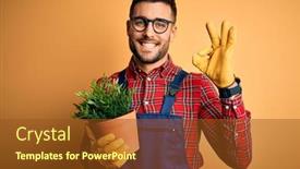  Presentation with apron gardening - Colorful presentation design enhanced with young-gardener-man-wearing-working backdrop and a tawny brown colored foreground