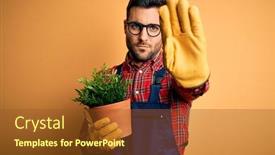  Presentation with apron gardening - Presentation consisting of young-gardener-man-wearing-working background and a tawny brown colored foreground