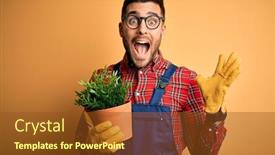  Presentation with apron gardening - Amazing PPT theme having young-gardener-man-wearing-working backdrop and a tawny brown colored foreground