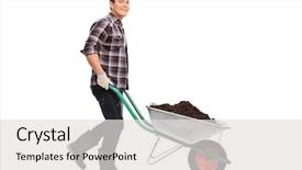  Presentation with 3d white people pushing - Amazing PPT theme having young gardener pushing a wheelbarrow backdrop and a light gray colored foreground