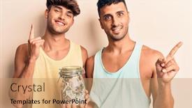  Presentation with gay - Presentation theme consisting of young-gay-couple-holding-jar background and a coral colored foreground