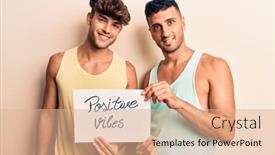  Presentation with young happy couple - Audience pleasing presentation theme consisting of young-gay-couple-holding-positive backdrop and a coral colored foreground