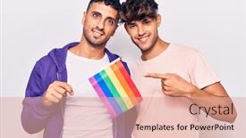  Presentation with gay rainbow flag - Cool new PPT layouts with young-gay-couple-holding-rainbow backdrop and a coral colored foreground