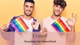  Presentation with lgbtq - Presentation design consisting of young-gay-couple-holding-rainbow background and a coral colored foreground