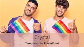  Presentation with young happy couple - Theme consisting of young-gay-couple-holding-rainbow background and a coral colored foreground