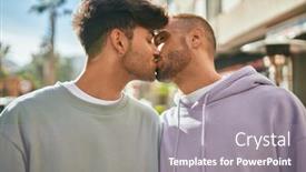  Presentation with kissing booth - Slide set with young-gay-couple-hugging background and a gray colored foreground