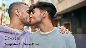  Presentation with gay - Slide deck consisting of young-gay-couple-hugging background and a light blue colored foreground