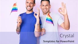  Presentation with lgbtq - Slide set having young-gay-couple-of-two background and a light blue colored foreground