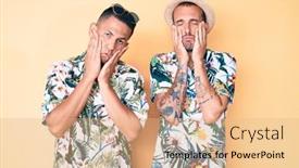  Presentation with hawaiian - Amazing PPT theme having young-gay-couple-of-two backdrop and a coral colored foreground