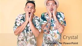  Presentation with hawaiian - Beautiful PPT layouts featuring young-gay-couple-of-two backdrop and a coral colored foreground