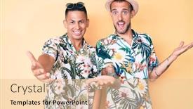  Presentation with gay - Slide deck with young-gay-couple-of-two background and a lemonade colored foreground