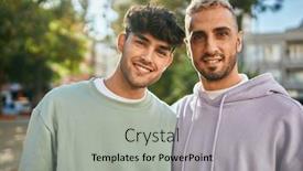  Presentation with college education happy smiling - Cool new PPT theme with young-gay-couple-smiling-happy backdrop and a light gray colored foreground