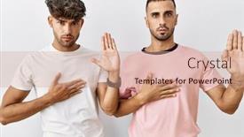  Presentation with hand palm - PPT theme with young-gay-couple-standing-over background and a coral colored foreground