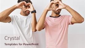  Presentation with shape heart - Slide deck with young-gay-couple-standing-over background and a lemonade colored foreground