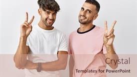  Presentation with rainbow gay pride sign - Presentation theme enhanced with young-gay-couple-standing-over background and a coral colored foreground