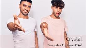  Presentation with business casual - Slide set having young-gay-couple-wearing-casual background and a lemonade colored foreground