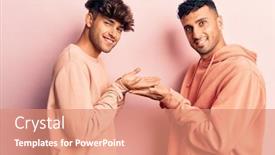  Presentation with young happy couple - Colorful theme enhanced with young-gay-couple-wearing-casual backdrop and a coral colored foreground